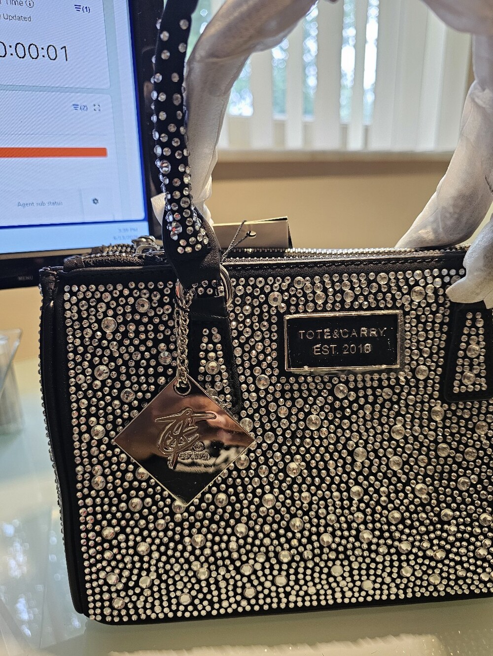 TOTE & CARRY NEW Embellished Black Crystal Tote Bag - Picture 7 of 8